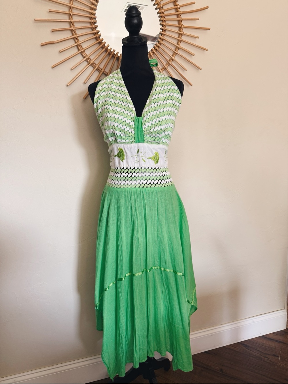 Green Halter Midi Dress with Embroidered Waist